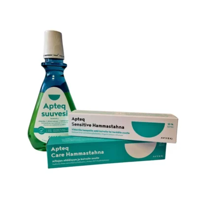 Apteq hooldav ja sensitive hambapastad tuubis ja suuvesi pudelis