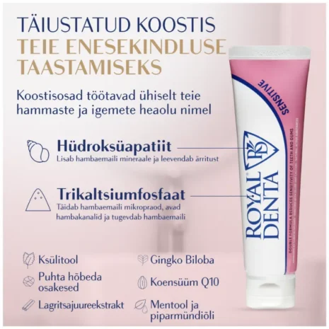 hambapasta-royal-denta-sensitive-130g-sisaldus hambapasta-royal-denta-sensitive-130g-sisaldus