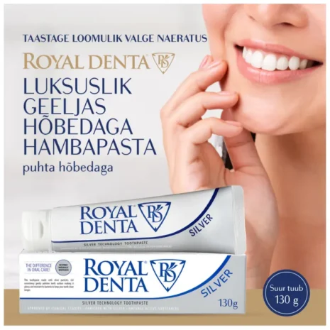 hambapasta-royal-denta-silver-luksuslik-geeljas-pasta-255 Naisterahva kaunis naeratus. esiplaanil silver pasta koos karbiga