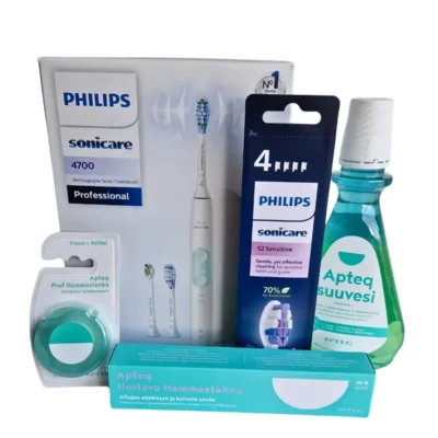Protective Clean 4700 komplekt - Philips Sonicare el.hambahari, sensitive otsikud N4, Apteq suuvesi, hambaniit ja hooldav hambapasta