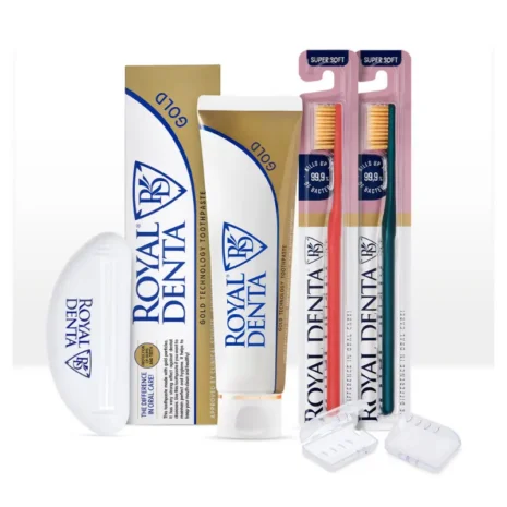 Royald Denta Gold Go komplekt kahele Royal Denta Gold Go komplekt - kaks hambaharja, 130g gold hambapasta, tuubi pigistaja ja hambaharjakorgid, kosmeetikakott
