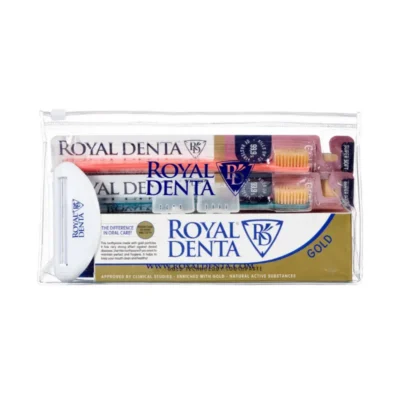 Royal Denta Sensitive Go komplekt - kaks extra soft hambaharja, gold 130g hambapasta, tuubi pigistaja ja hambaharjakorgid kosmeetikakotis