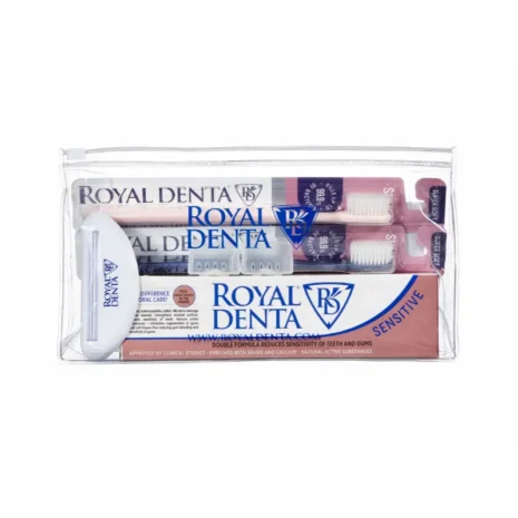 Royal Denta Sensitive Go komplekt Royal Denta Sensitive Go komplekt - kaks hambaharja, 130g hambapasta, tuubi pigistaja ja hambaharjakorgid kosmeetikakotis