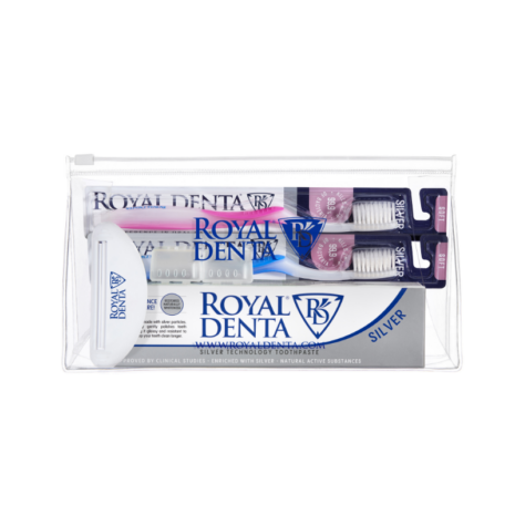 Silver GO Soft Royal Denta Silver GO komplekt - silver hambapasta, 2x hambaharjad, tuubi pigistaja, korgid, kosmeetikakott