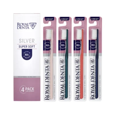 Hambaharjade 4-pakk Royal Denta SILVER SUPER SOFT erivärvi harjade ja pakendiga