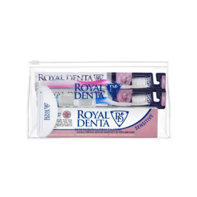 Royal Denta Sensitive Go komplekt - kaks soft hambaharja, 130g hambapasta, tuubi pigistaja ja hambaharjakorgid kosmeetikakotis