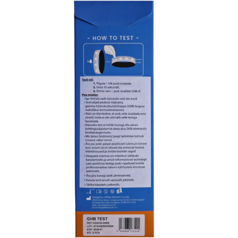 GHB test taga külg Korgijoogi tuvastamise kiirtesti pakendi taga külg kasutusjuhendiga