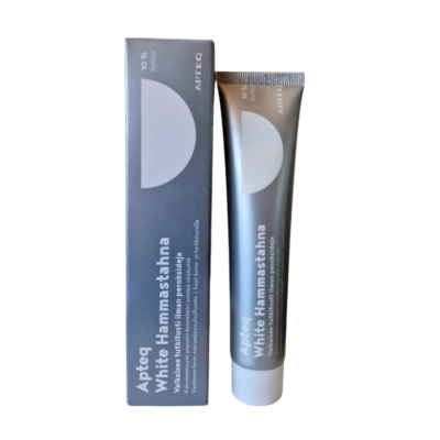 Apteq White valgendav hambapasta hõbedane pakend ja tuub
